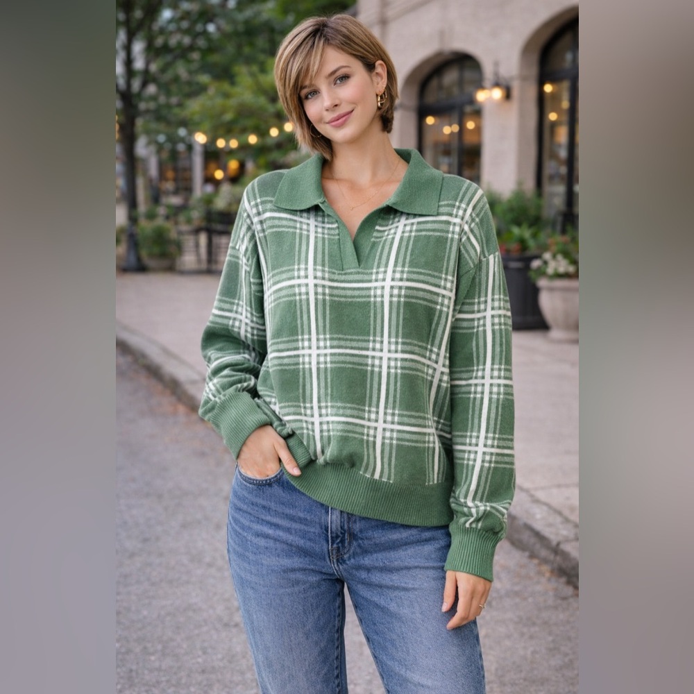 Max Studio Green Plaid V-Neck Collared Sweater